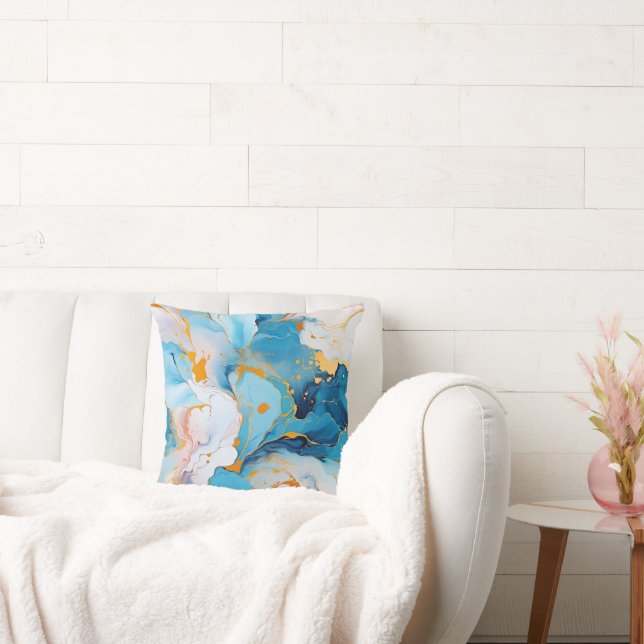 Azure Marble with Golden Splashes Throw Pillow (Couch)