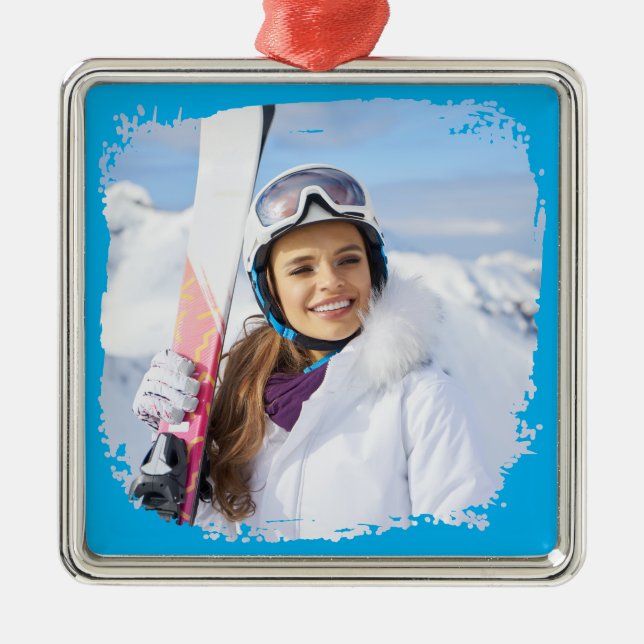 Azure Modern Grunge Border Photo Metal Ornament (Front)