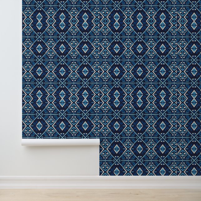 Azure Moroccan Zellij Geometric Textured  Wallpaper (Application)