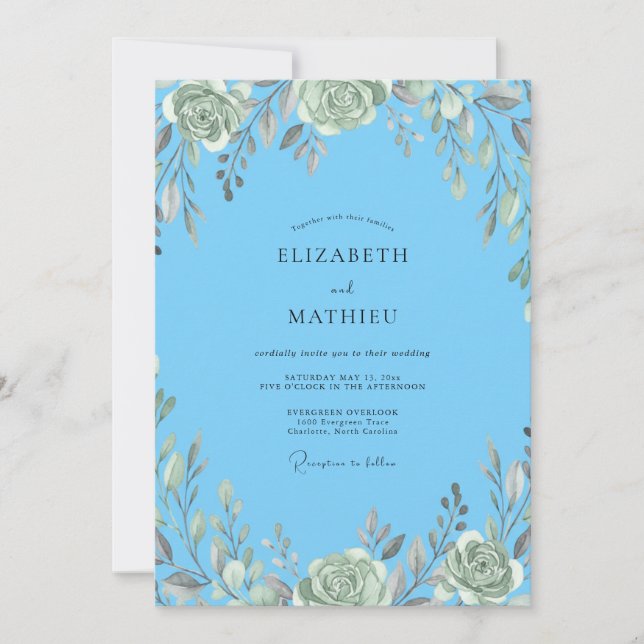 Azure Muted Sage Leafy Wedding Invitation (Front)