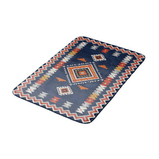 Azure Navy and Terracotta Geometric Tribal Bath Mat