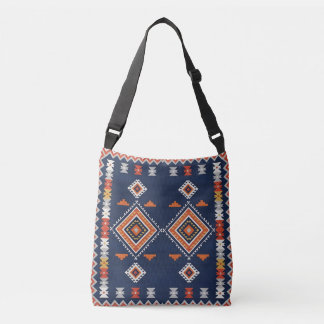 Azure Navy and Terracotta Geometric Tribal Crossbody Bag