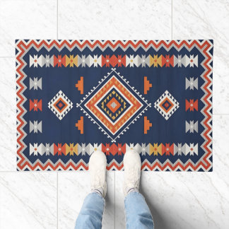 Azure Navy and Terracotta Geometric Tribal Doormat