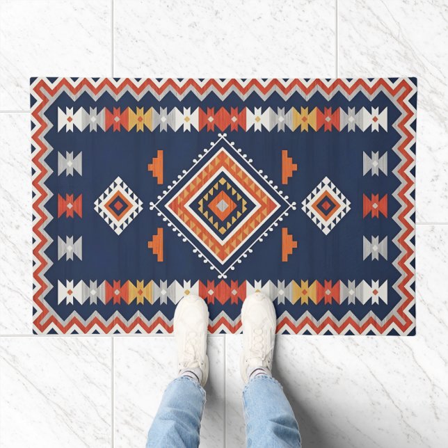 Azure Navy and Terracotta Geometric Tribal Doormat (Indoor)