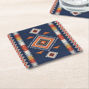 Azure Navy and Terracotta Geometric Tribal  Square Paper Coaster