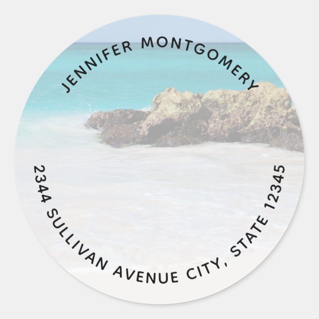 Azure Ocean Sandy Beach Photo - Address Classic Round Sticker (Front)