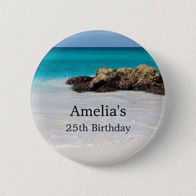 Azure Ocean Sandy Beach Photo Birthday Button (Front)