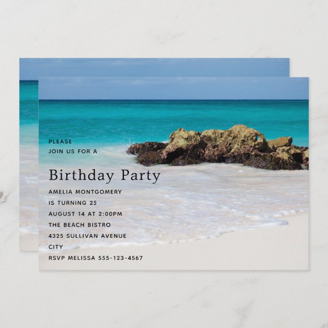 Azure Ocean Sandy Beach Photo Birthday Invitation (Front/Back)