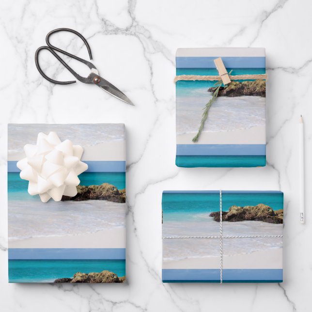 Azure Ocean Sandy Beach Photo Pattern Wrapping Paper Sheets (Front)