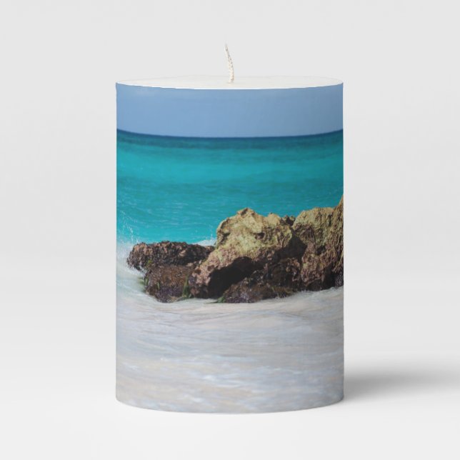 Azure Ocean Sandy Beach Photo Pillar Candle (Front)