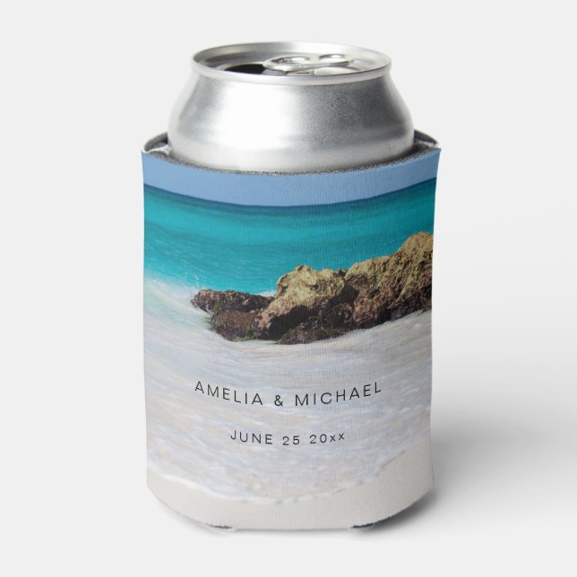 Azure Ocean Sandy Beach Photo Wedding Can Cooler (Can Front)
