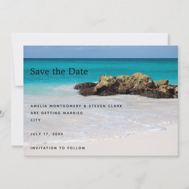Azure Ocean Sandy Beach Photo Wedding Save The Date (Front)