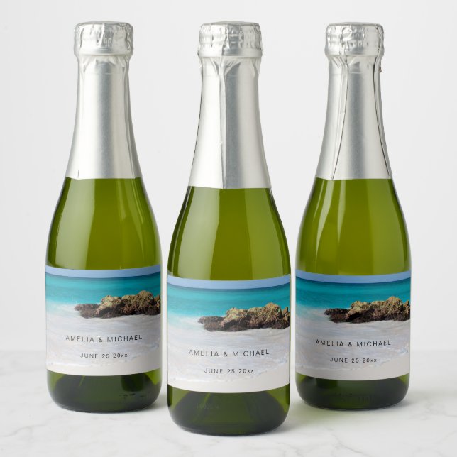 Azure Ocean Sandy Beach Photo Wedding Sparkling Wine Label (Bottles)