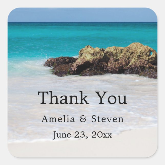 Azure Ocean Sandy Beach Photo Wedding Thank You Square Sticker (Front)