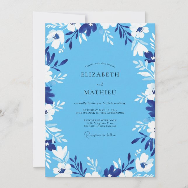 Azure Painted Leaf Wedding Invitation (Front)