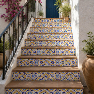Azure Petal Elegant Blue and Gold Floral Mosaic Ceramic Tile