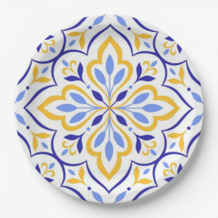 Azure Petal Elegant Blue and Gold Floral Mosaic Paper Plates