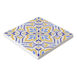 Azure Petal Elegant Blue and Gold Floral Mosaic Trivet