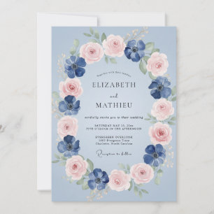 Azure Pink Rose Wreath Wedding Invitation