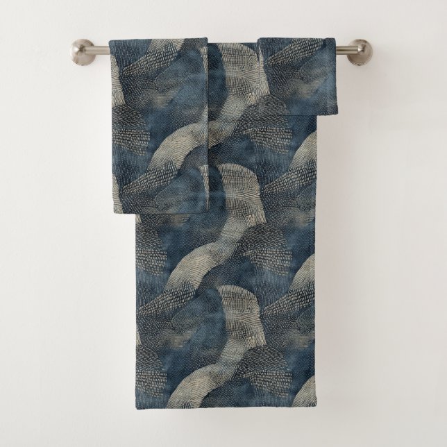Azure Ripples of Tranquility Shibori Japanese Bath Towel Set (Insitu)