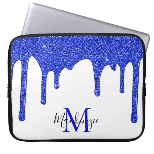 Azure Royal Blue Sparkle Glitter Drips Monogram Laptop Sleeve
