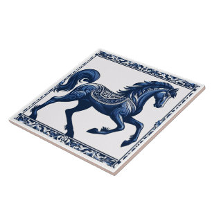 Azure Sapphire Steed: Floral Design Ceramic Tile
