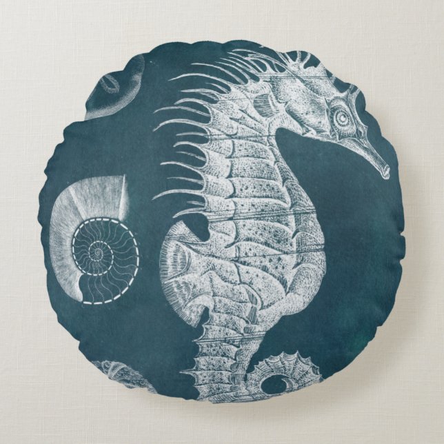 Azure Seahorse Study I Round Pillow (Front)