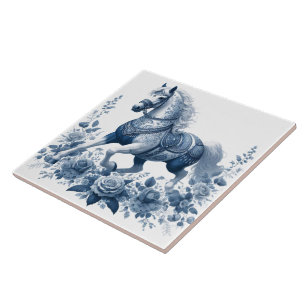 Azure Steed: Floral Grace Ceramic Tile