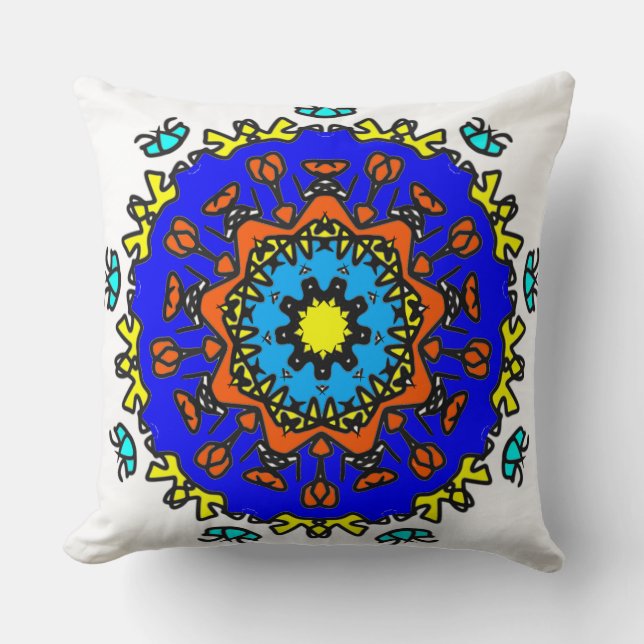Azure Sun Mandala Throw Pillow (Front)