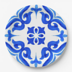Azure Tides Hand Painted Blue Watercolor Mosaic Paper Plates