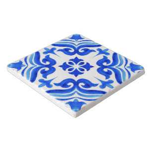 Azure Tides Hand Painted Blue Watercolor Mosaic Trivet