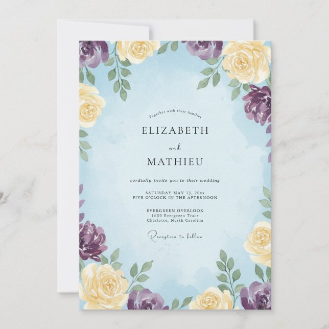 Azure Violet Flower Eucalyptus Wedding Invitation (Front)