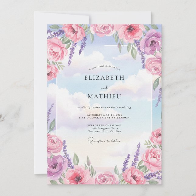 Azure Violet Ranunculus Eucalyptus Wedding Invitation (Front)