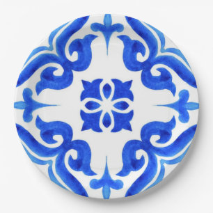 Azure Waves Watercolor Blue Ornamental Mosaic Paper Plates