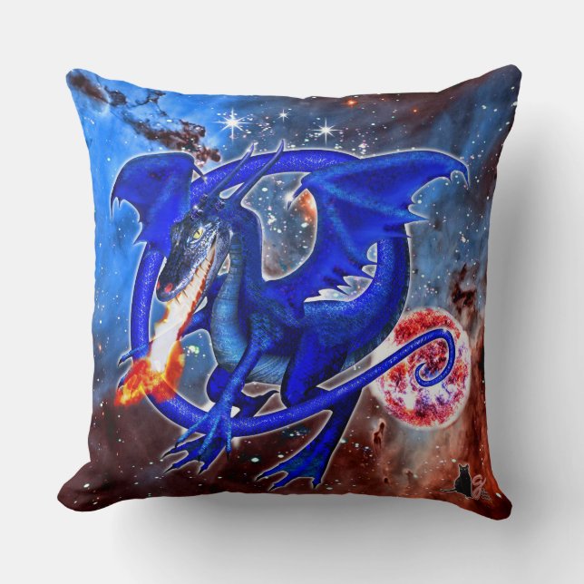 Azurite Cosmic Dragon Throw Pillow (Front)