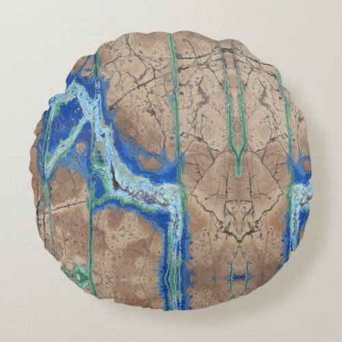 Azurite Stone  Beige and Turquoise Round Pillow