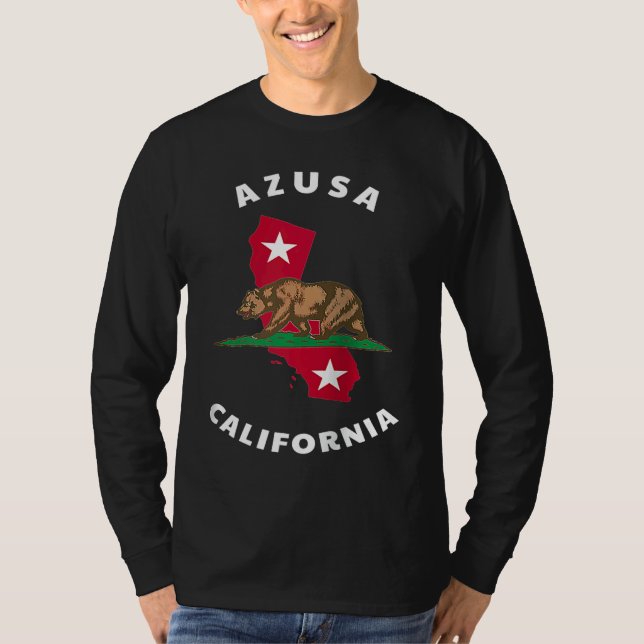 Azusa California CA Flag and Bear Badge Souvenir R T-Shirt (Front)