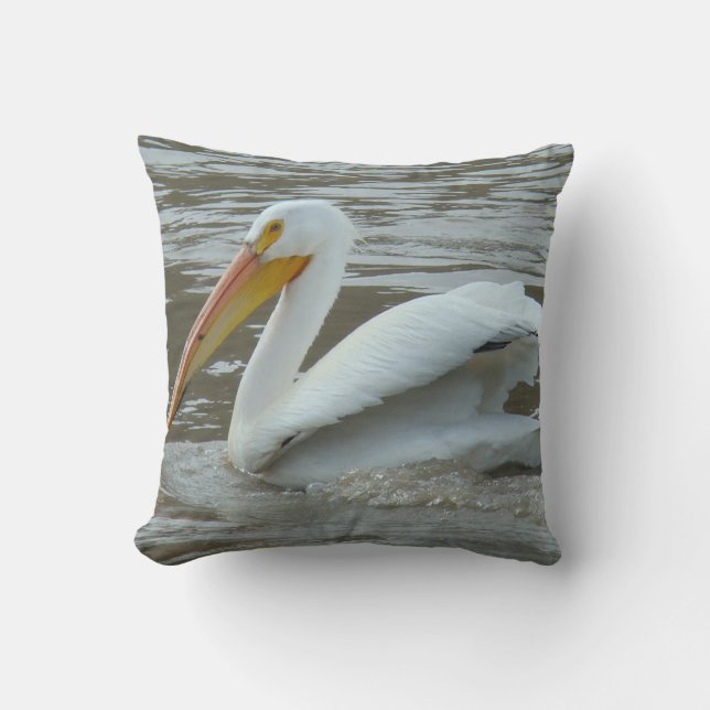 B14 White Pelican on Muddy River Throw Pillow (Front)
