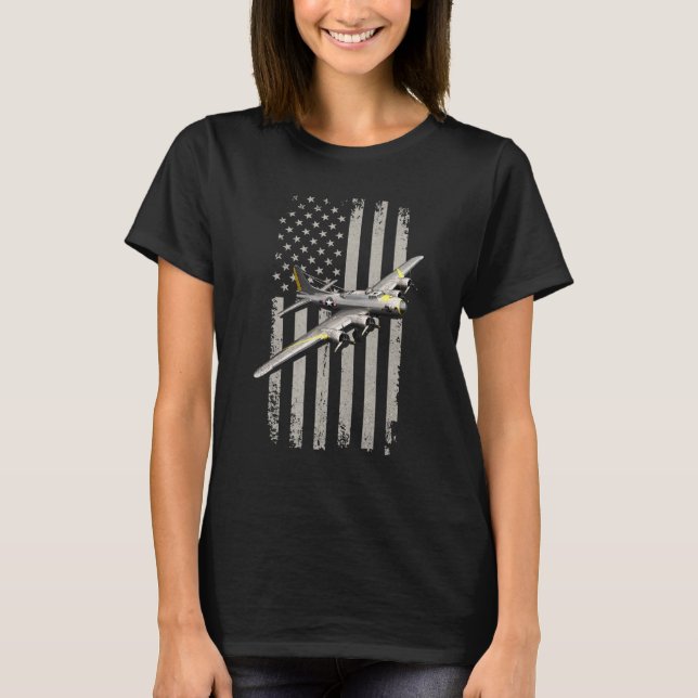 B17 Bomber Ww2 Plane Aircraft Usa Flag Veteran Pil T-Shirt (Front)