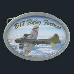 B17 Flying Fortress WWII Bomber Airplane Belt Buckle<br><div class="desc">The American WWII bomber B-17 Flying Fortress is the most beautiful plane ever built. The airplane image appears to soar over the clouds against the blue sky. This design is perfect for WWII history buffs and aviation enthusiasts,  especially fans of the B-17 bombers.</div>