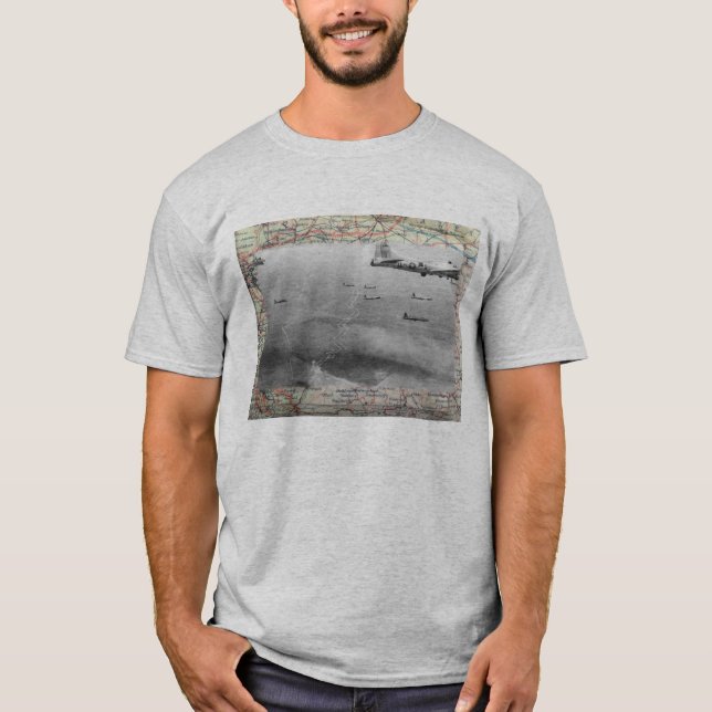 B17 Formation Over WW2 Map T-Shirt (Front)