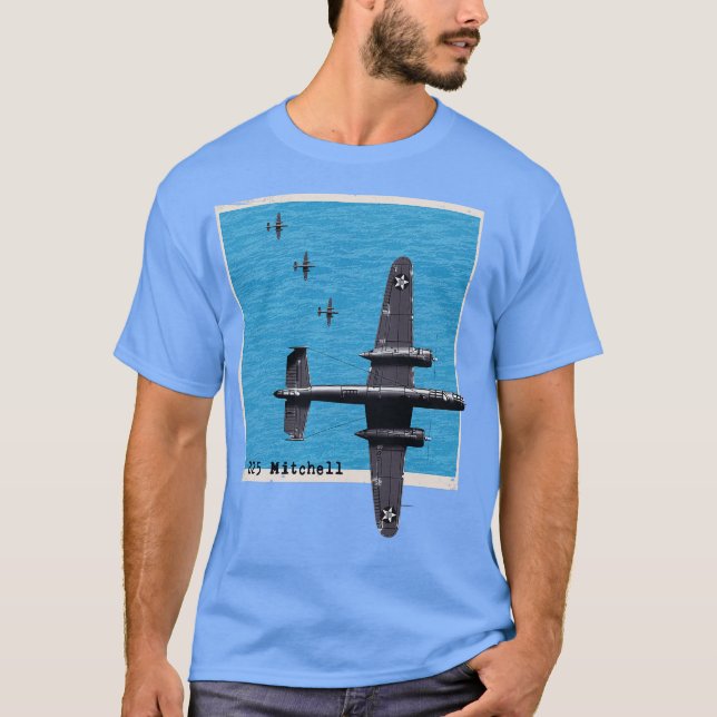 B25 Mitchell WW2 bomber airplane over the ocean T-Shirt (Front)