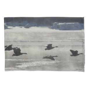 B47 Canadian Geese Over Frozen River Pillow Case
