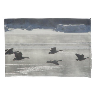 B47 Canadian Geese Over Frozen River Pillow Case