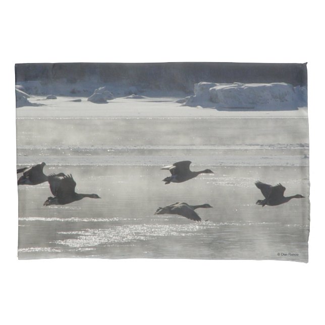 B47 Canadian Geese Over Frozen River Pillow Case (Front)