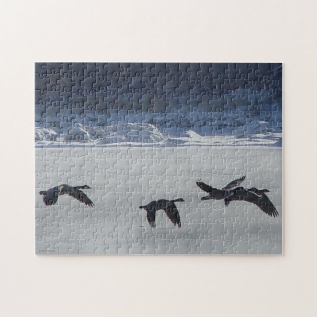 B48 Canadian Geese Over Frozen River Jigsaw Puzzle (Horizontal)