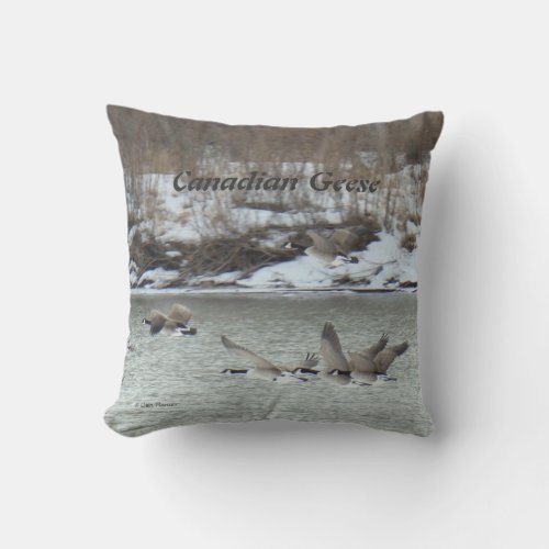 B7 Canadian Geese in Flight Over River Throw Pillow