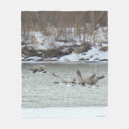 B7 Canadian Geese Over Frozen River Fleece Blanket