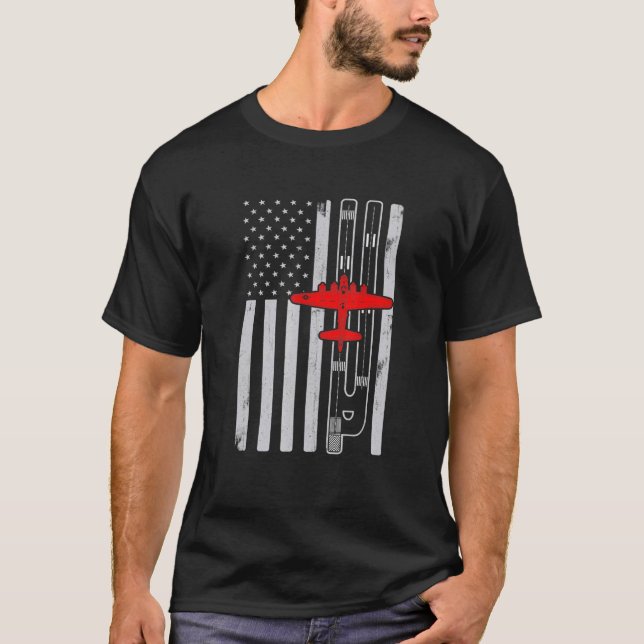 B-17 Flying Fortress Airplane American Flag Runway T-Shirt (Front)