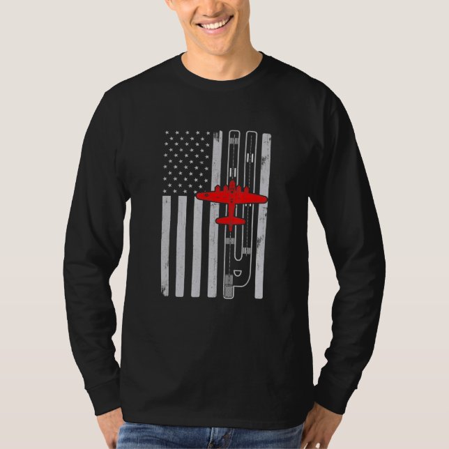 B-17 Flying Fortress Airplane American Flag Runway T-Shirt (Front)